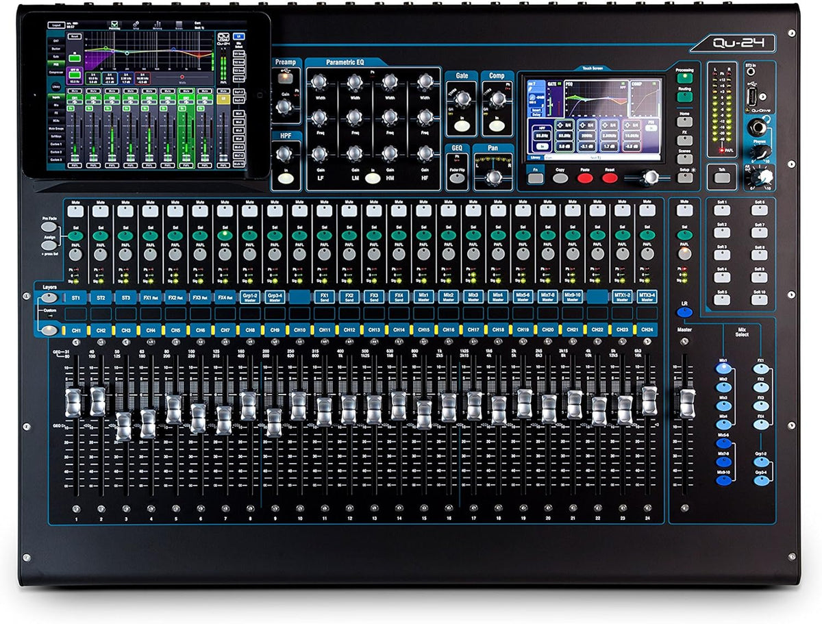 Allen Heath Qu-24 Kenya full front panel view with iPad Qu-Pad app, parametric EQ section and 24 channel faders