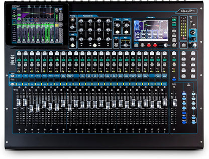 Allen Heath Qu-24 Kenya full front panel view with iPad Qu-Pad app, parametric EQ section and 24 channel faders