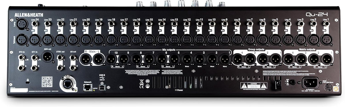 Allen Heath Qu-24 Kenya close-up of CH22-24 faders and blue-illuminated mix select buttons on right panel`