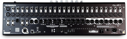 Allen Heath Qu-24 Kenya close-up of CH22-24 faders and blue-illuminated mix select buttons on right panel`