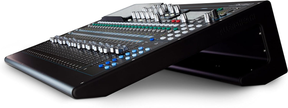 Allen Heath Qu-24 Kenya rear 3/4 angle showing chassis profile, back panel connectors and motorized fader bank