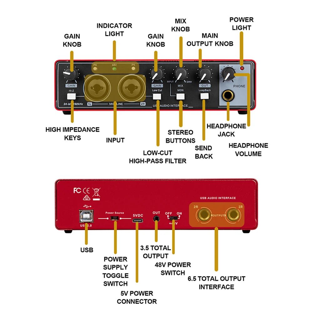 ALLOYSEED MD22 USB Audio Interface – 24-bit/192 kHz Sound Card for Guitar, Studio Monitoring