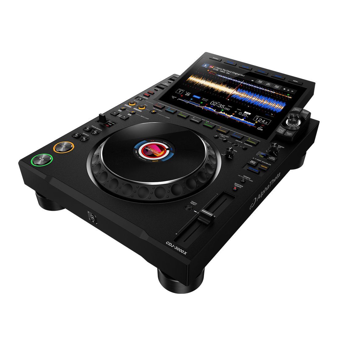AlphaTheta CDJ-3000X pair side profile with jog wheel detail