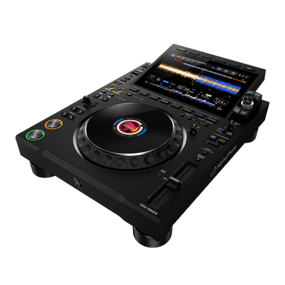 AlphaTheta CDJ-3000X pair side profile with jog wheel detail