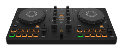 AlphaTheta DDJ-FLX2 DJ Controller top view showing jog wheels and performance pads