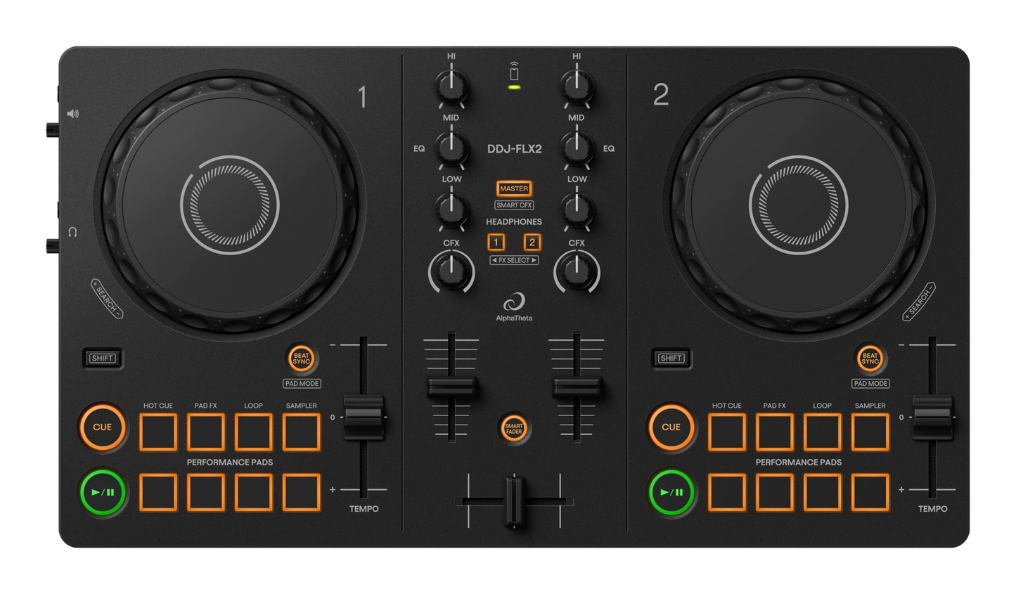 AlphaTheta DDJ-FLX2 DJ Controller front view with Smart Fader