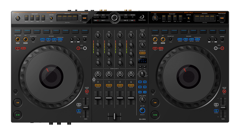 AlphaTheta DDJ-GRV6 DJ controller front view — 4-channel club-style layout