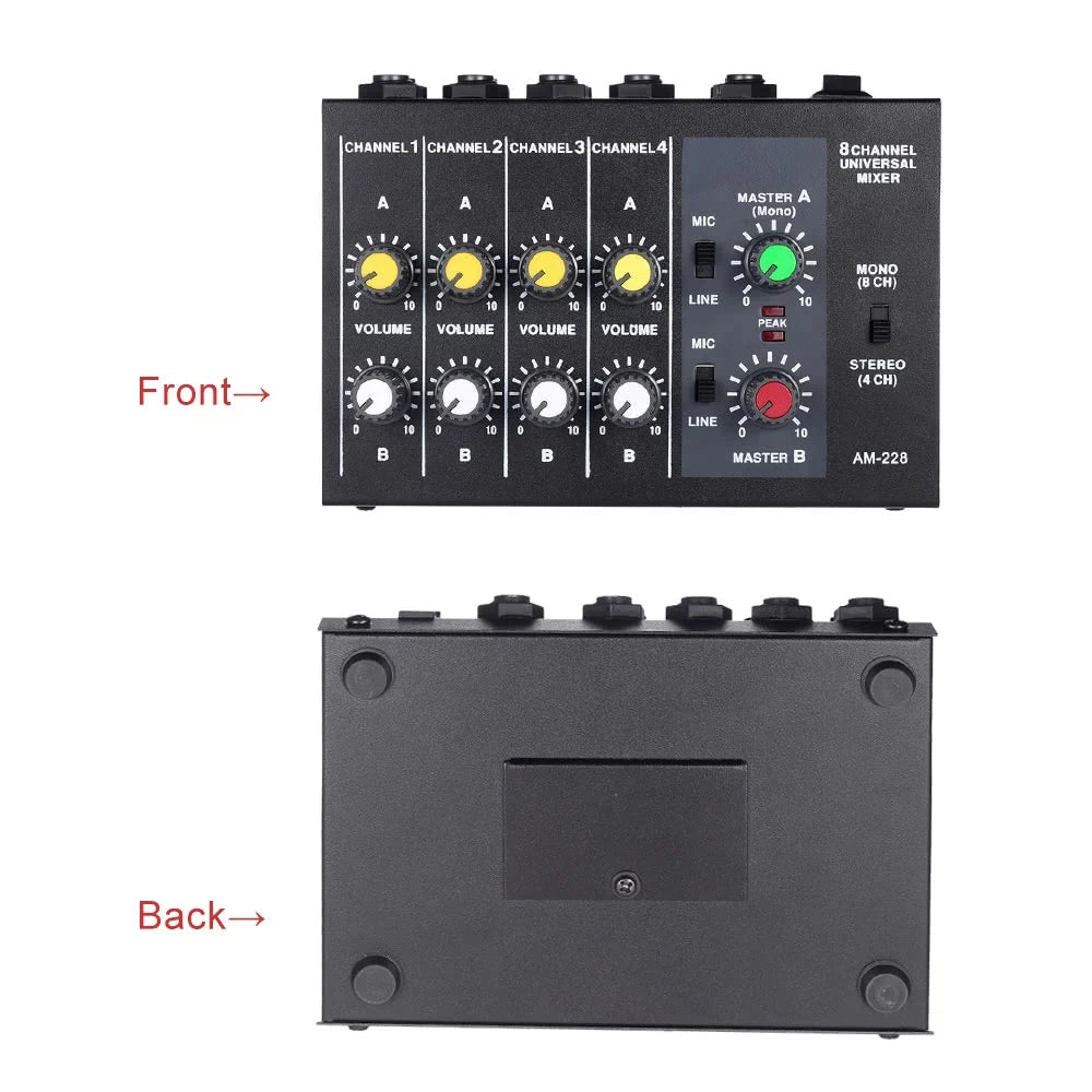 Am-228 Ultra Compact Audio Sound Mixer – Low Noise 8 Channels Mixing Console, DJ Sound Equipment, Home Music Studio, 6.35mm Interface - ZAMAR AUDIO SOLUTIONS