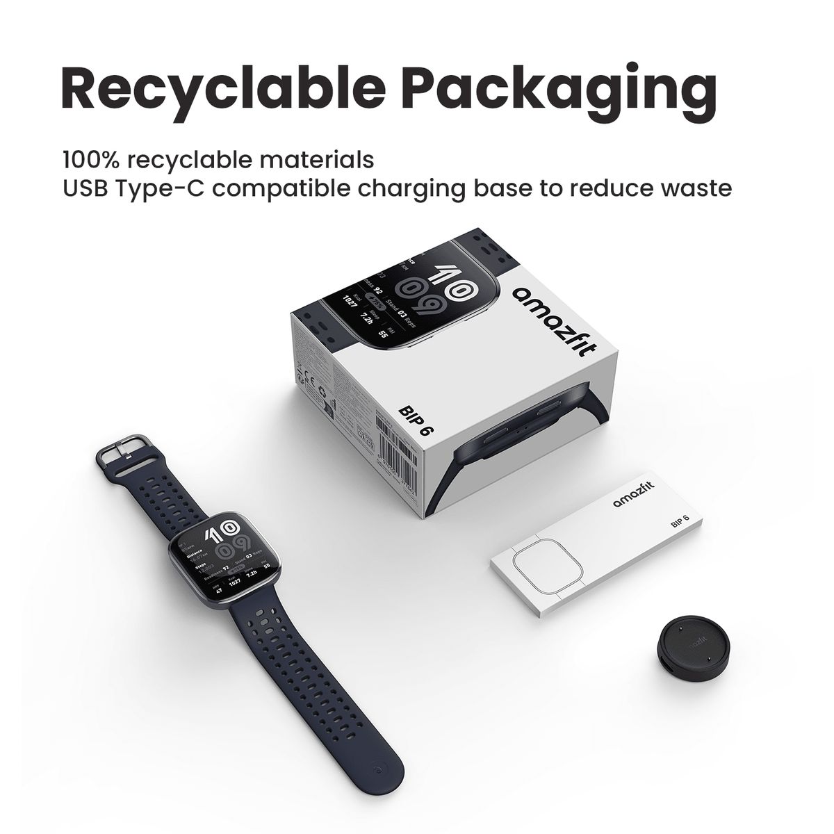Amazfit Bip 6 Kenya retail box and unboxing contents including watch, strap, and charging cable