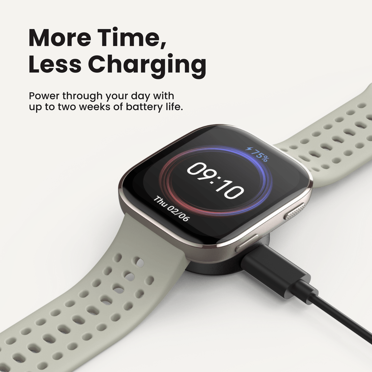 Amazfit Bip 6 Kenya 14-day battery life indicator on AMOLED display during outdoor use