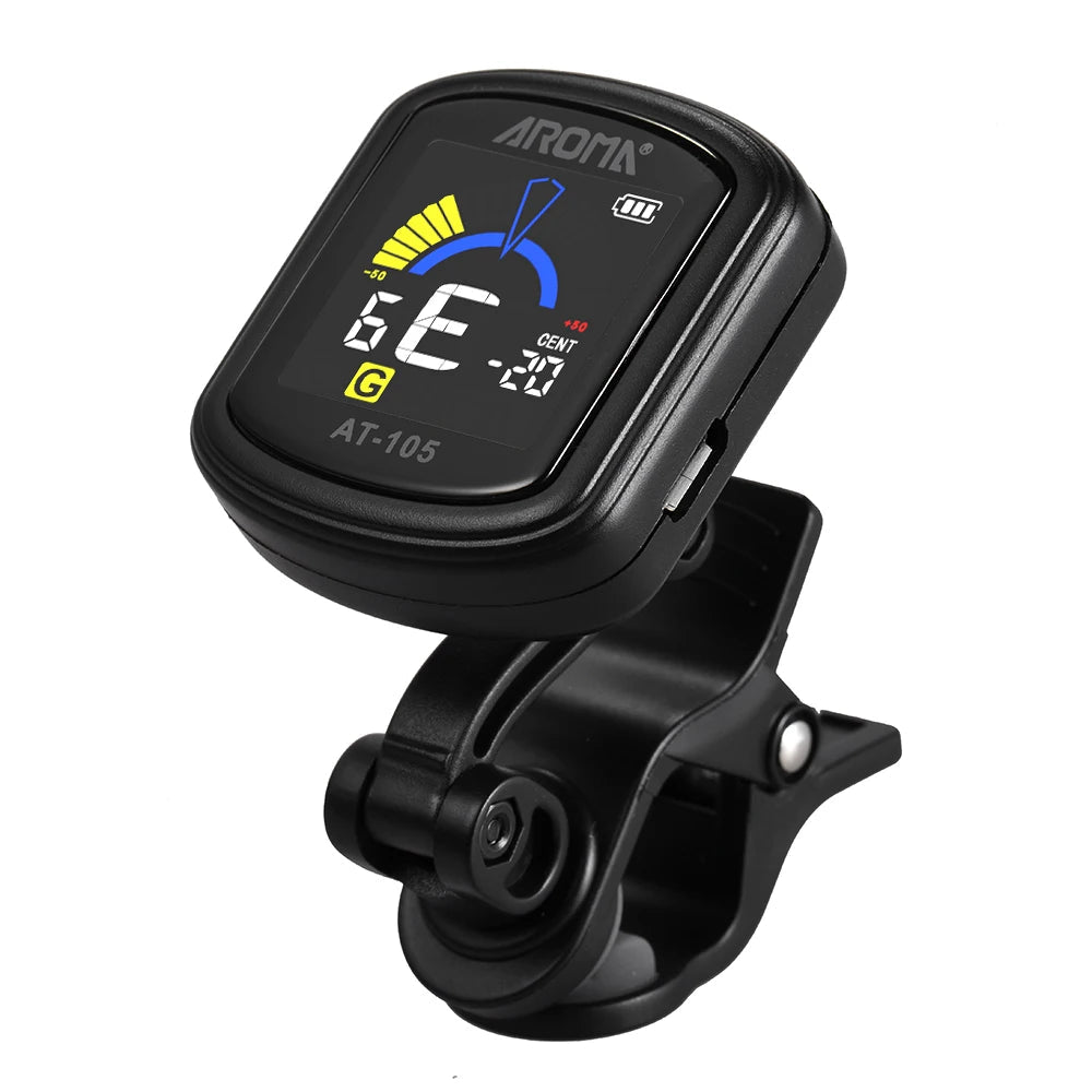Aroma AT-105 Guitar Tuner Metronome – Digital Clip-On Tuner for Guitar, Bass, Ukulele, Violin, Rechargeable, Color Screen - ZAMAR AUDIO SOLUTIONS