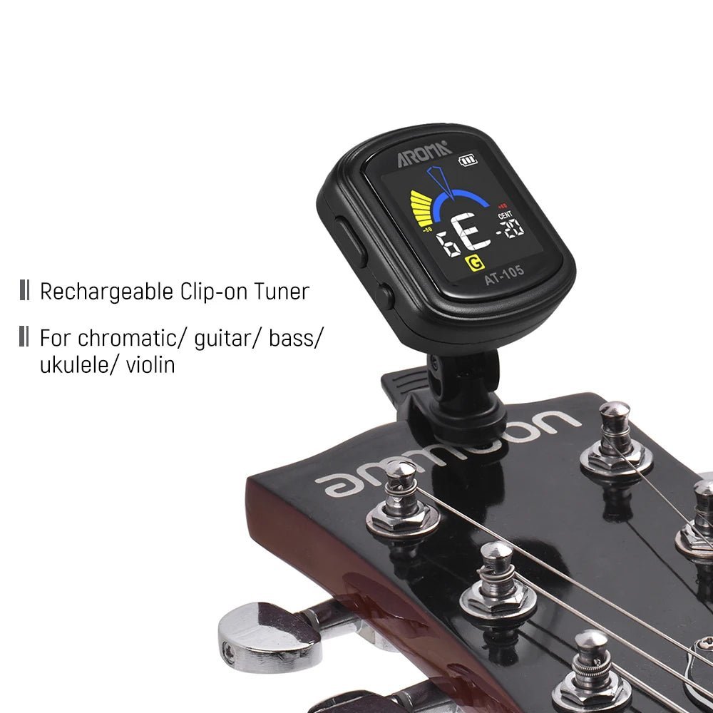 Aroma AT-105 Guitar Tuner Metronome – Digital Clip-On Tuner for Guitar, Bass, Ukulele, Violin, Rechargeable, Color Screen - ZAMAR AUDIO SOLUTIONS