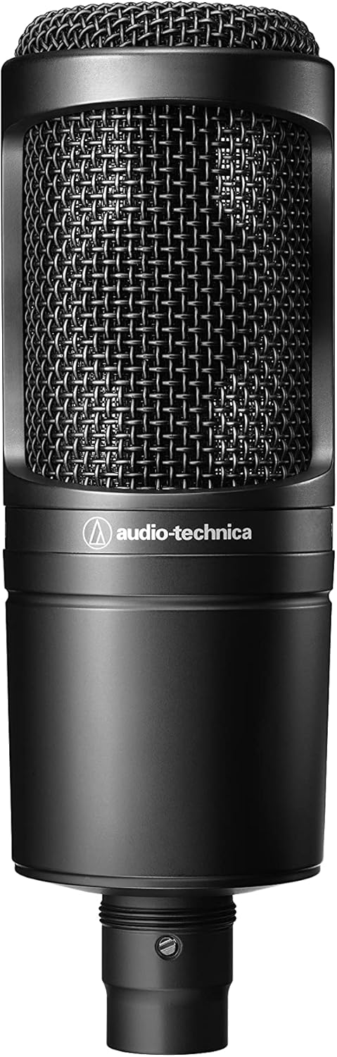 Front-facing product shot of the Audio-Technica AT2020 Kenya condenser mic, matte black body, XLR base visible