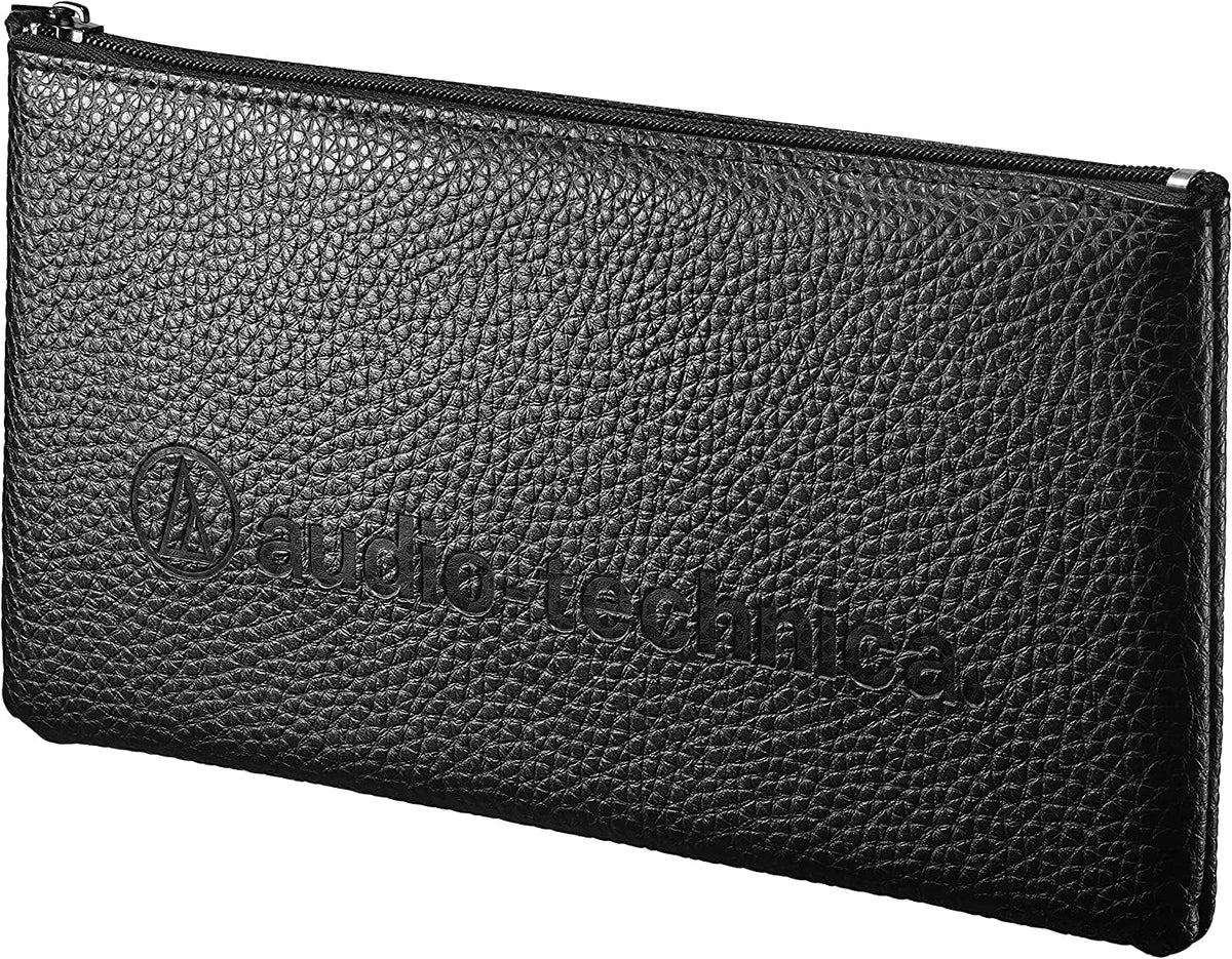 Audio-Technica AT2020 Kenya branded black leather-finish protective zip pouch, front view on white background