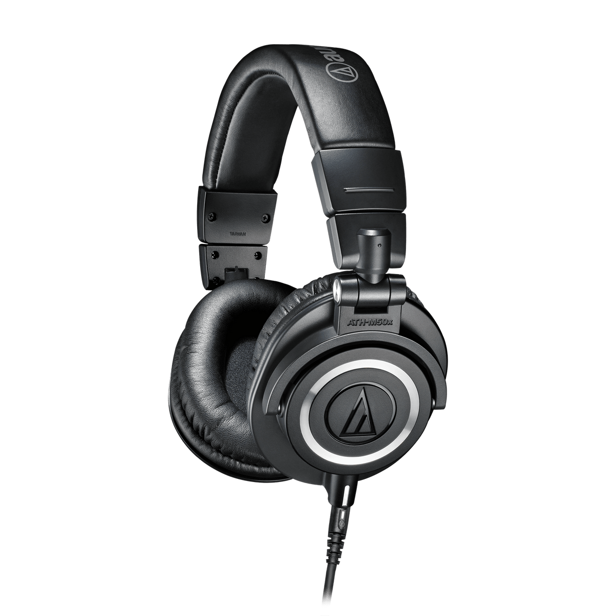 Audio-Technica ATH-M50x Kenya black closed-back monitor headphones 3/4 angle view showing earcup logo and padded headband
