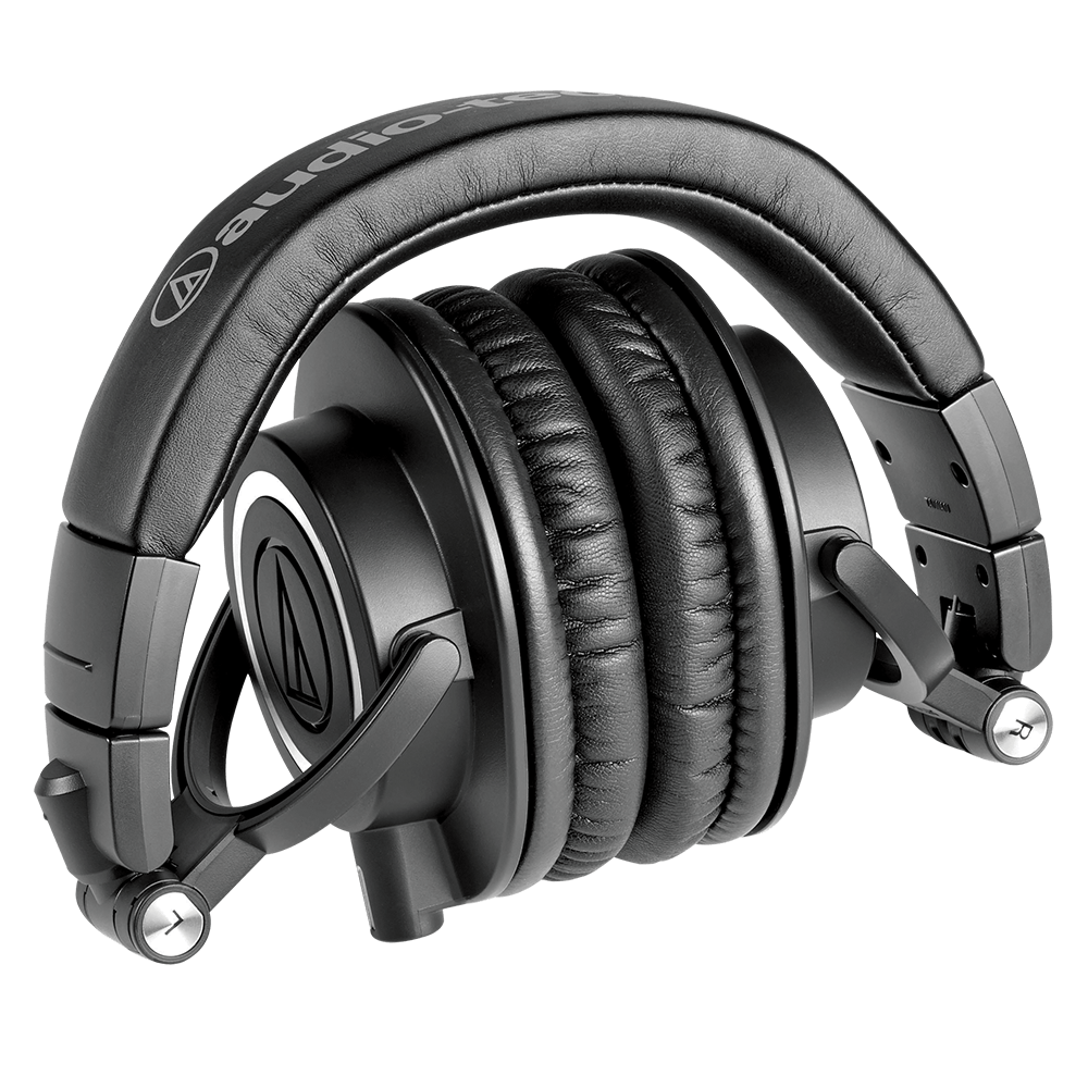 Audio-Technica ATH-M50x Kenya folded compact position showing collapsible design, earcups and Audio-Technica logo on headband