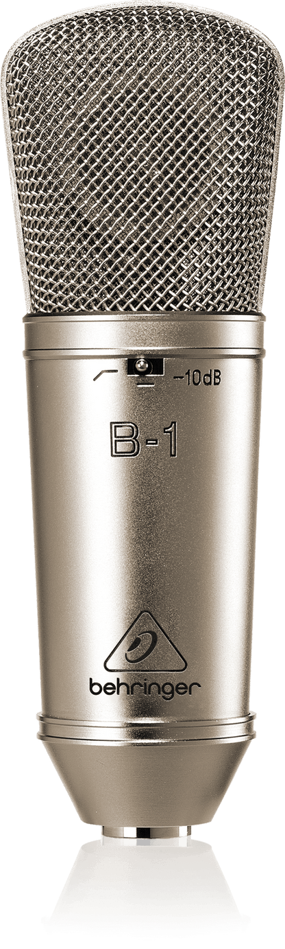 Behringer B-1 condenser mic Kenya — front view showing gold mesh grille, B-1 label, pad switch and Behringer logo