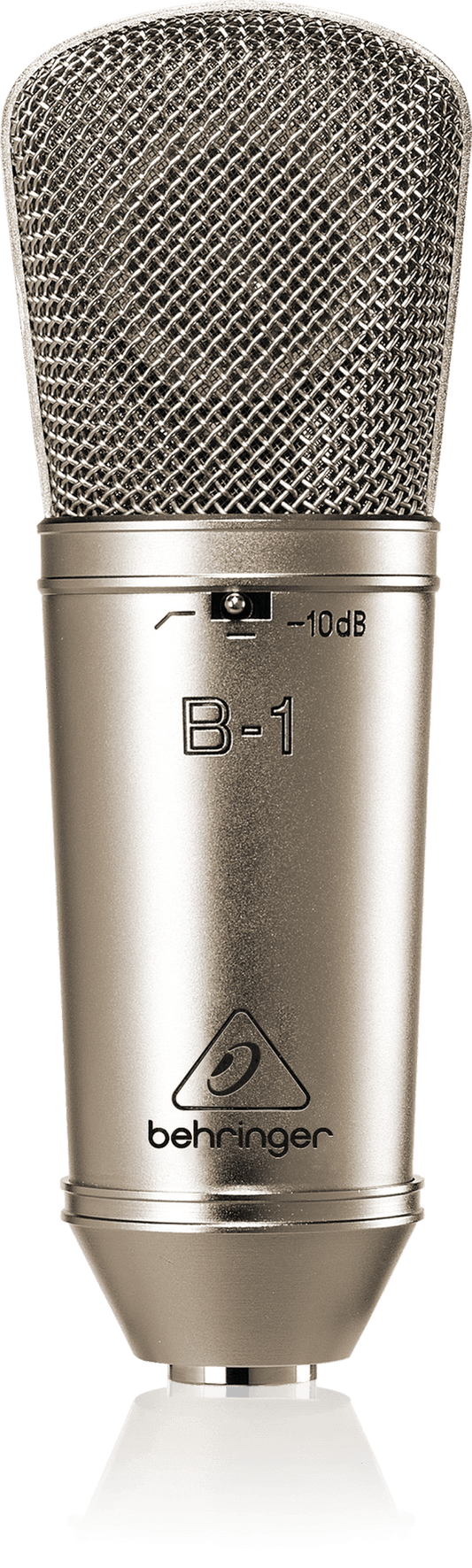 Behringer B-1 condenser mic Kenya — front view showing gold mesh grille, B-1 label, pad switch and Behringer logo