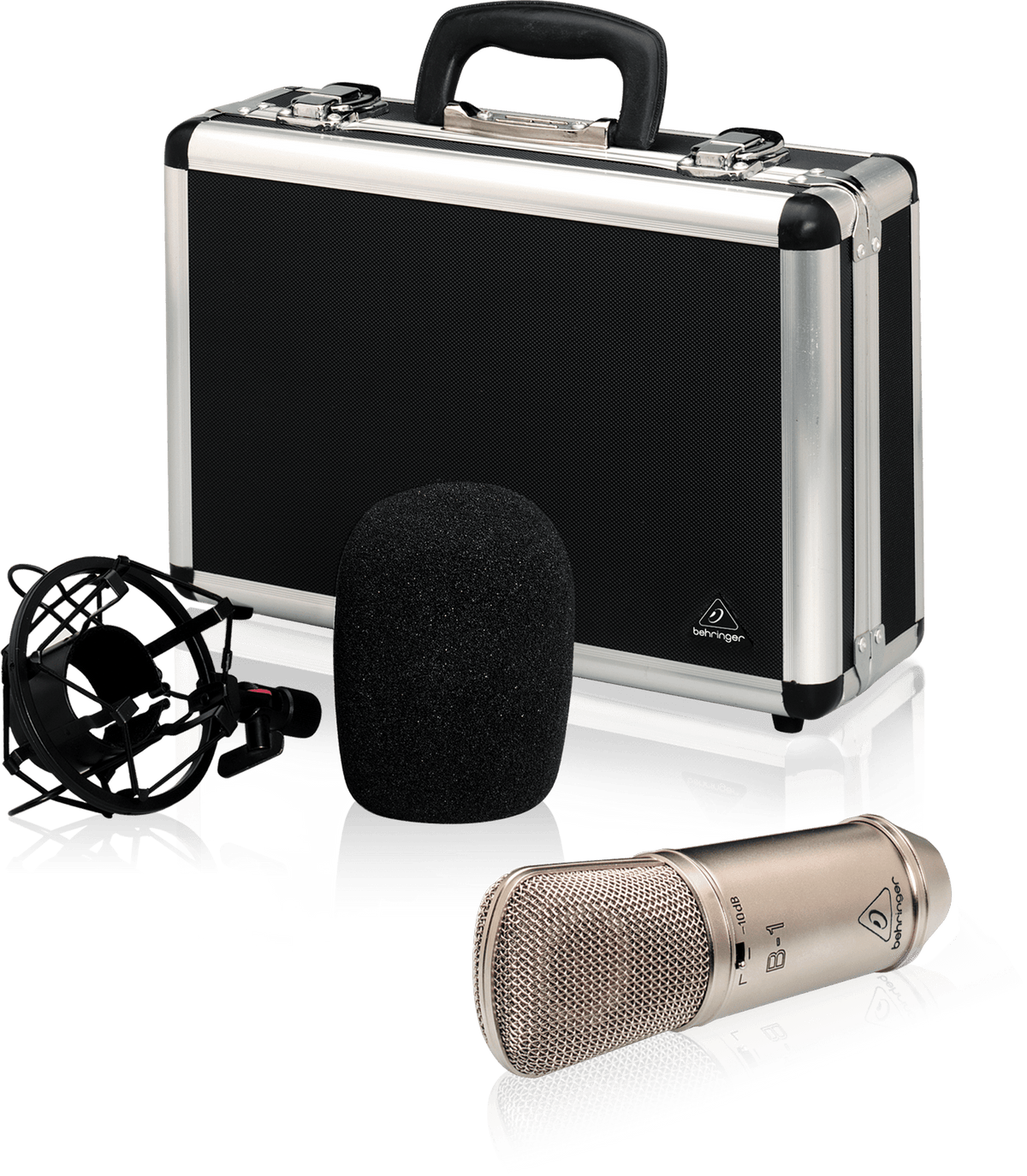 Behringer B-1 condenser mic Kenya complete kit — mic body, black shock mount, foam windscreen and aluminum carry case