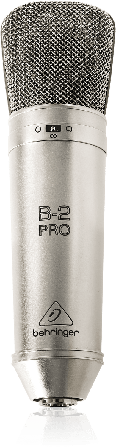 Behringer B-2 Pro Kenya — front view of silver large-diaphragm condenser mic with polar pattern switches