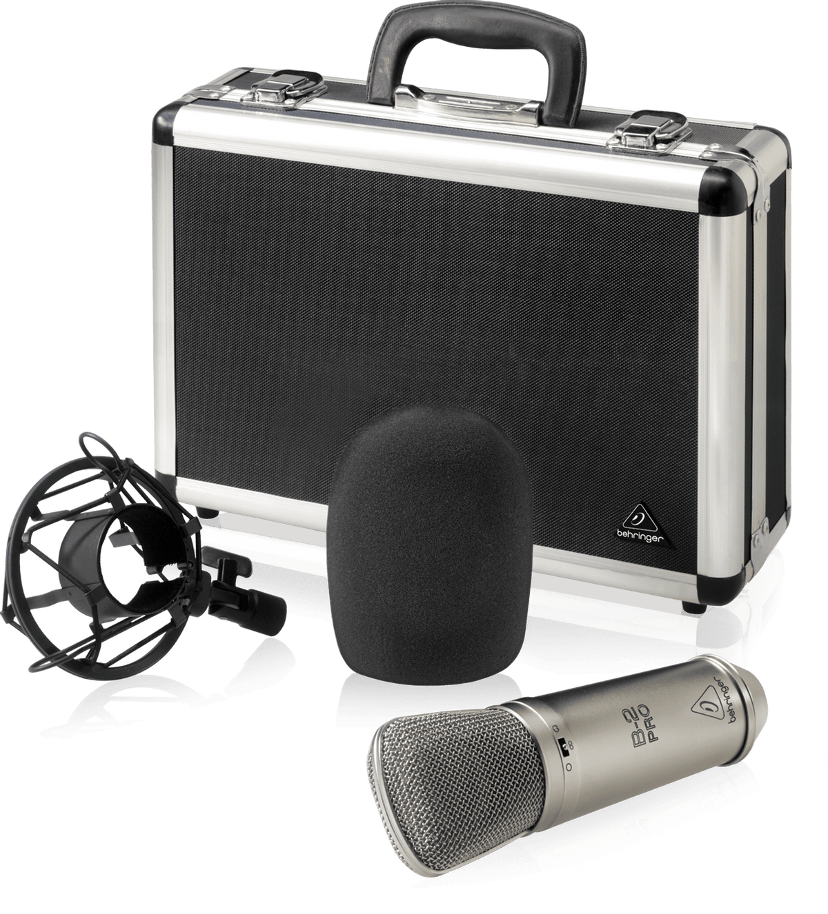 Behringer B-2 Pro Kenya full kit — mic, shock mount, foam windscreen, and aluminum carry case
