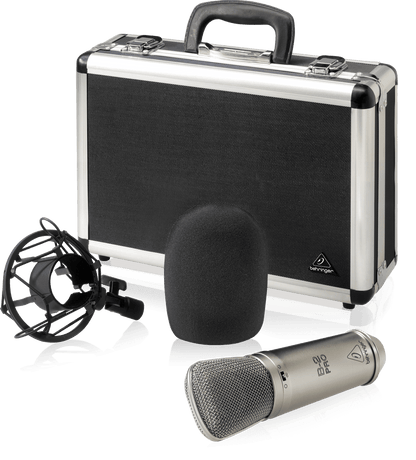 Behringer B-2 Pro Kenya full kit — mic, shock mount, foam windscreen, and aluminum carry case