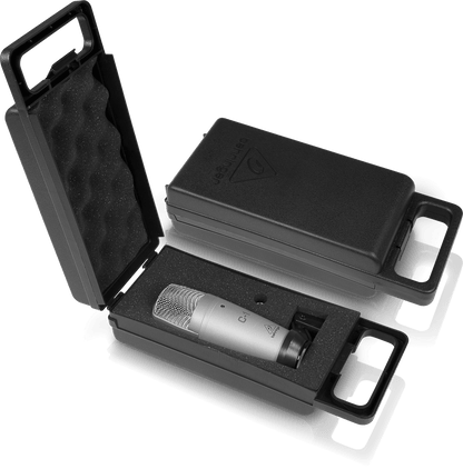 Behringer C-1 condenser mic Kenya stored in open foam-lined hard case — protective storage view