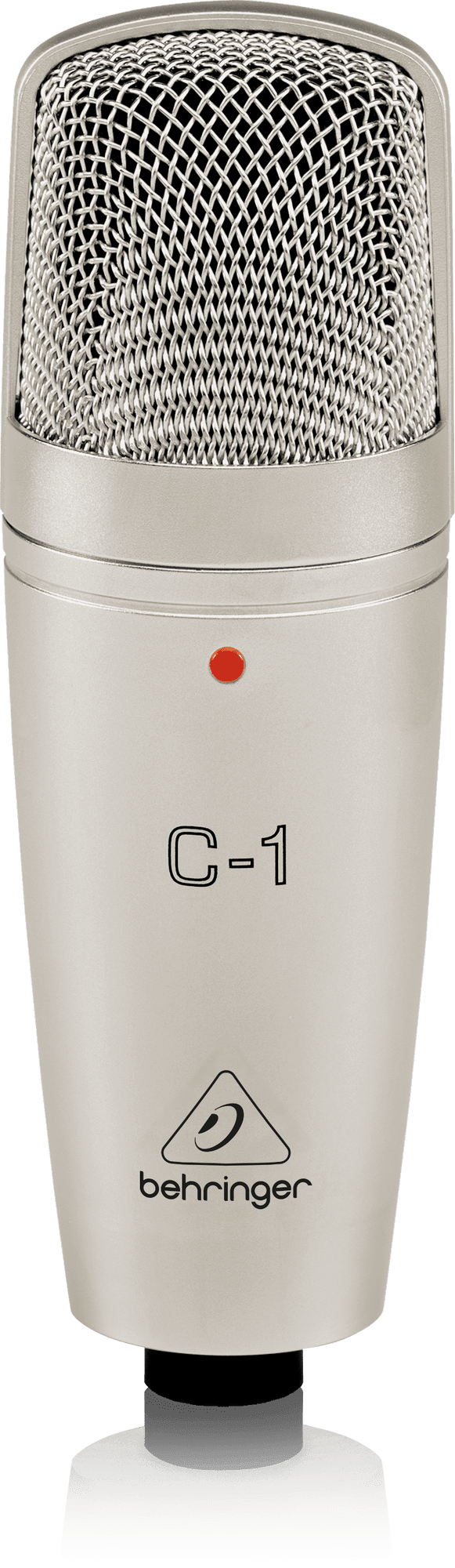 Behringer C-1 condenser mic Kenya — front view, silver body, mesh grille, red indicator dot, XLR base