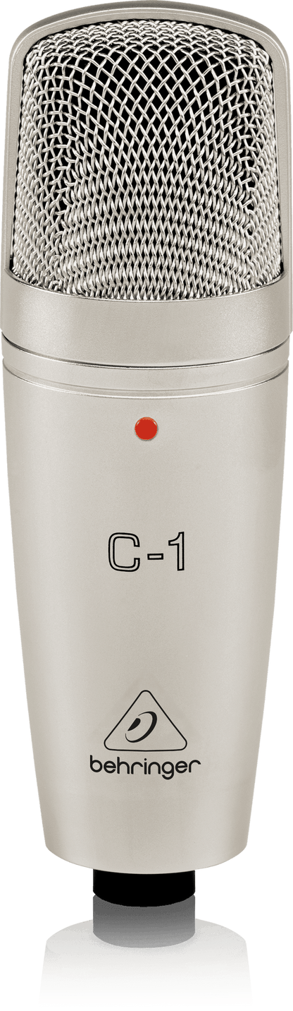 Behringer C-1 condenser mic Kenya — front view, silver body, mesh grille, red indicator dot, XLR base