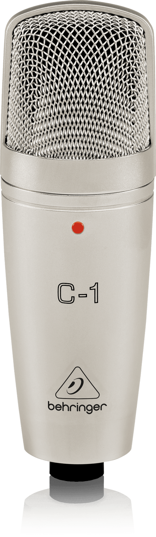 Behringer C-1 condenser mic Kenya — front view, silver body, mesh grille, red indicator dot, XLR base