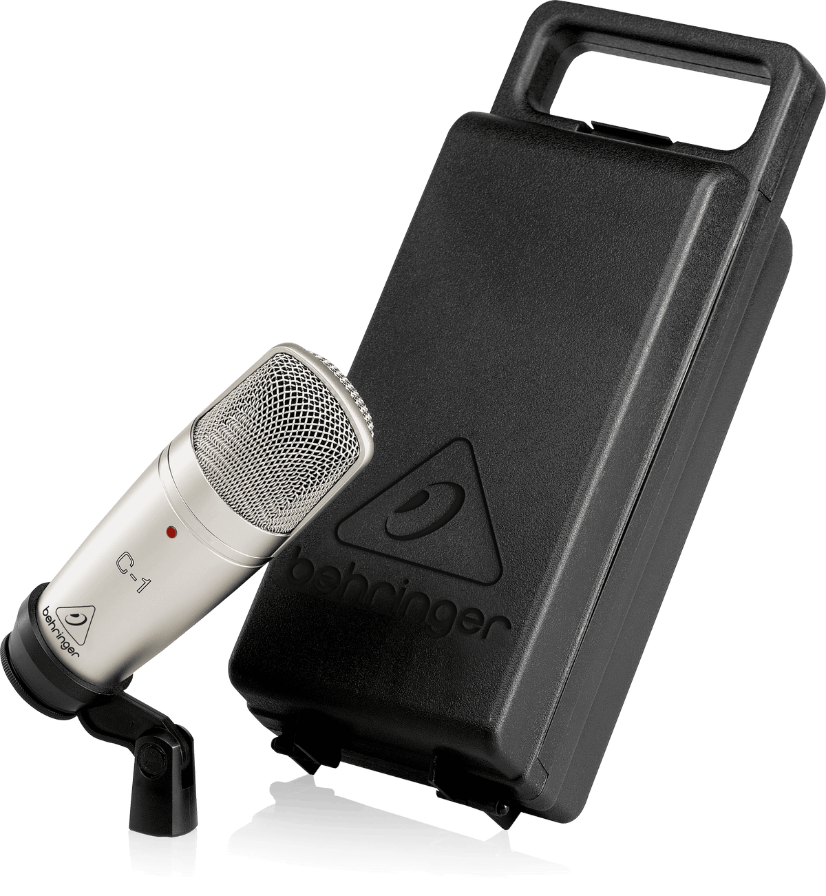 Behringer C-1 condenser mic Kenya with shock mount and hard carry case — full bundle side view