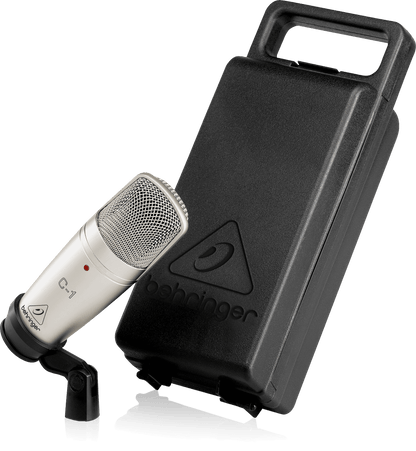 Behringer C-1 condenser mic Kenya with shock mount and hard carry case — full bundle side view