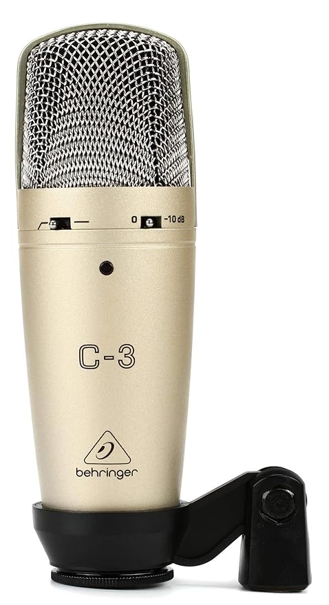 Behringer C3 condenser microphone Kenya -- front view, capsule grille, polar pattern switch, -10dB pad, swivel mount