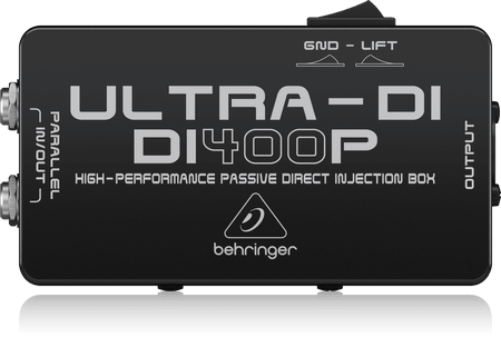 Behringer DI400P Kenya top view showing ULTRA-DI branding, GND-LIFT switch, OUTPUT label and Parallel IN/OUT ports