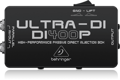 Behringer DI400P Kenya top view showing ULTRA-DI branding, GND-LIFT switch, OUTPUT label and Parallel IN/OUT ports