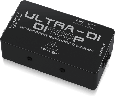 Behringer DI400P Kenya right-side angled view showing OUTPUT XLR port and rugged metal body