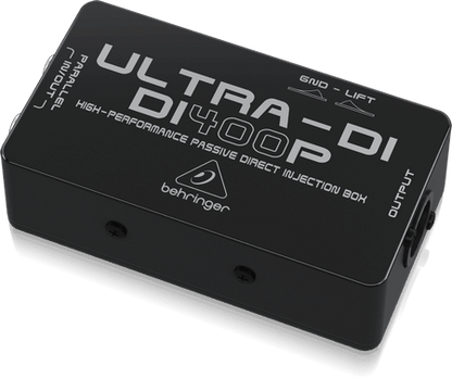 Behringer DI400P Kenya right-side angled view showing OUTPUT XLR port and rugged metal body