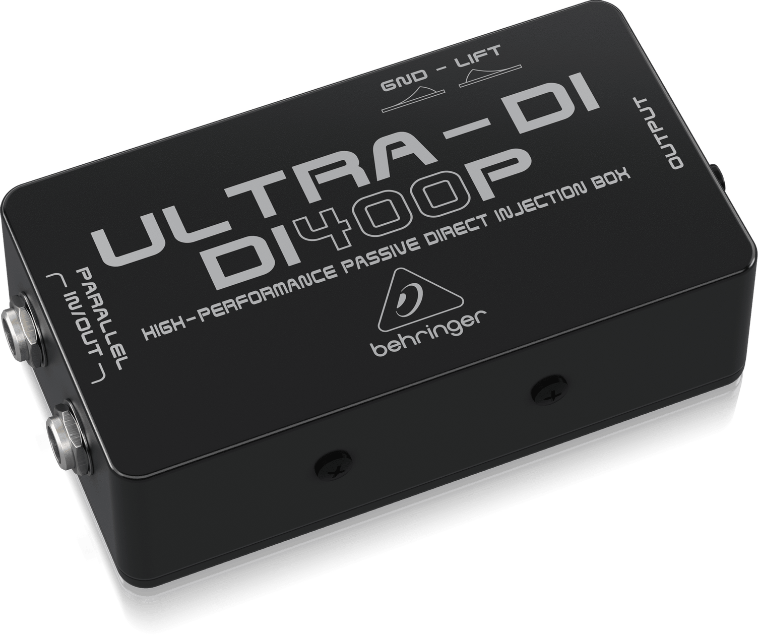 Behringer DI400P Kenya angled left view showing rugged metal housing, GND-LIFT toggle and Parallel IN/OUT jacks