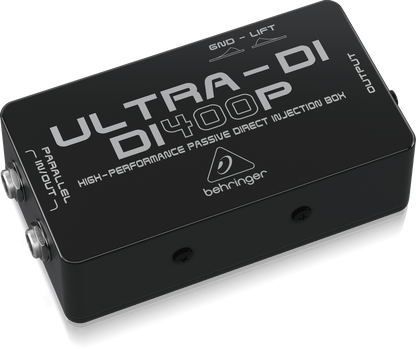 Behringer DI400P Kenya angled left view showing rugged metal housing, GND-LIFT toggle and Parallel IN/OUT jacks