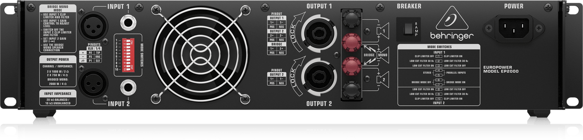 Behringer EP2000 amplifier Kenya rear panel showing XLR inputs, Speakon outputs, mode switches and cooling fan`