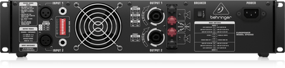 Behringer EP2000 amplifier Kenya rear panel showing XLR inputs, Speakon outputs, mode switches and cooling fan`