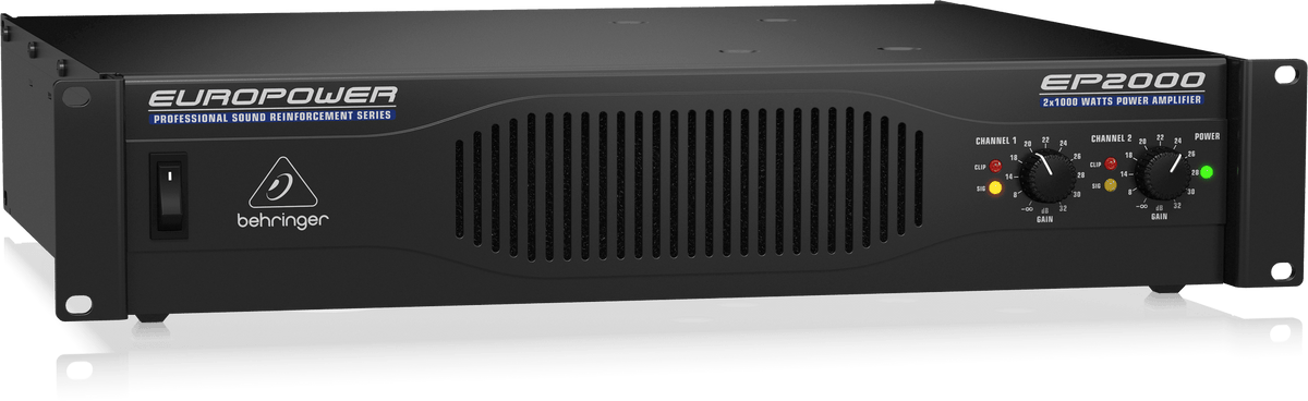 Behringer EP2000 amplifier Kenya front panel flat view with dual gain knobs, clip and signal LEDs visible