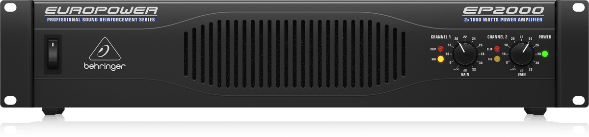 Behringer EP2000 amplifier Kenya full front panel view showing both channel sections and power LED`