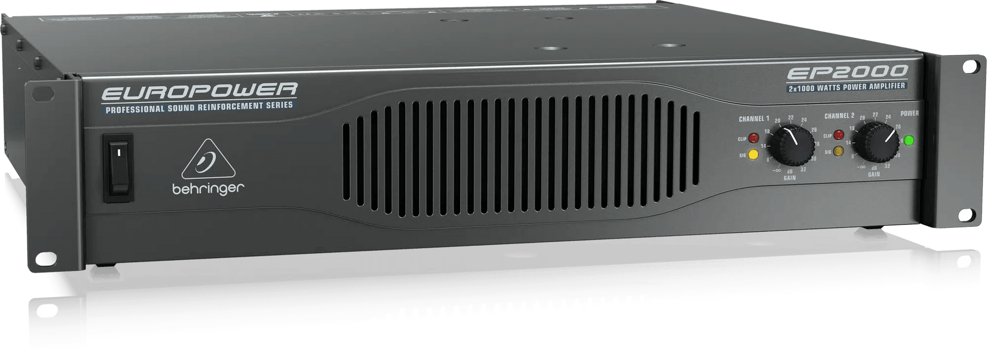 Behringer EP2000 amplifier Kenya — 3/4 front view showing ventilation grille, channel knobs and LED indicators