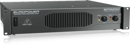 Behringer EP2000 amplifier Kenya — 3/4 front view showing ventilation grille, channel knobs and LED indicators