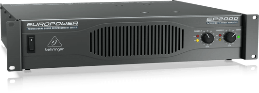 Behringer EP2000 amplifier Kenya — 3/4 front view showing ventilation grille, channel knobs and LED indicators
