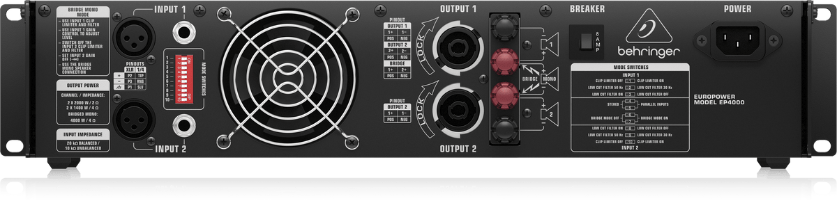 Behringer EP4000 amplifier Kenya rear panel showing XLR inputs, Speakon outputs, fan, and mode switches