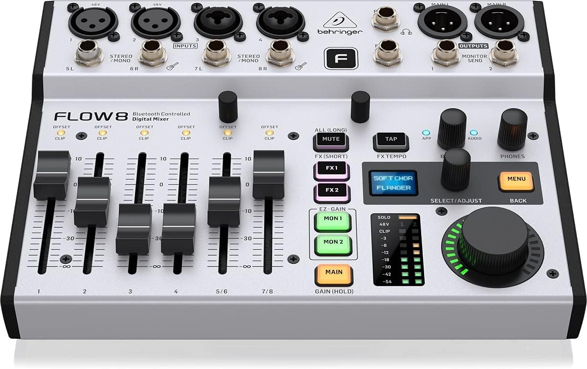 Behringer FLOW 8 Kenya top-down front view showing all 8 channel faders, FX controls and SELECT/ADJUST knob`