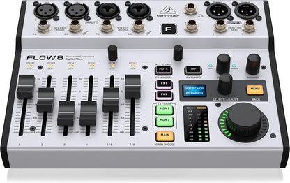Behringer FLOW 8 Kenya top-down front view showing all 8 channel faders, FX controls and SELECT/ADJUST knob`