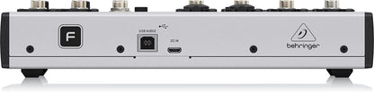 Behringer FLOW 8 Kenya rear panel showing USB Audio port, DC IN jack and Behringer logo on silver chassis